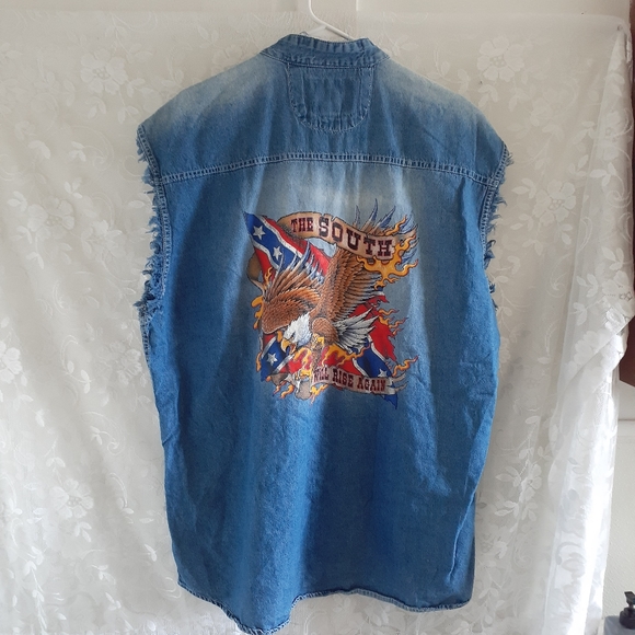Biker wear 2X plus tank top denim look front pockets graphics on back - Picture 1 of 6
